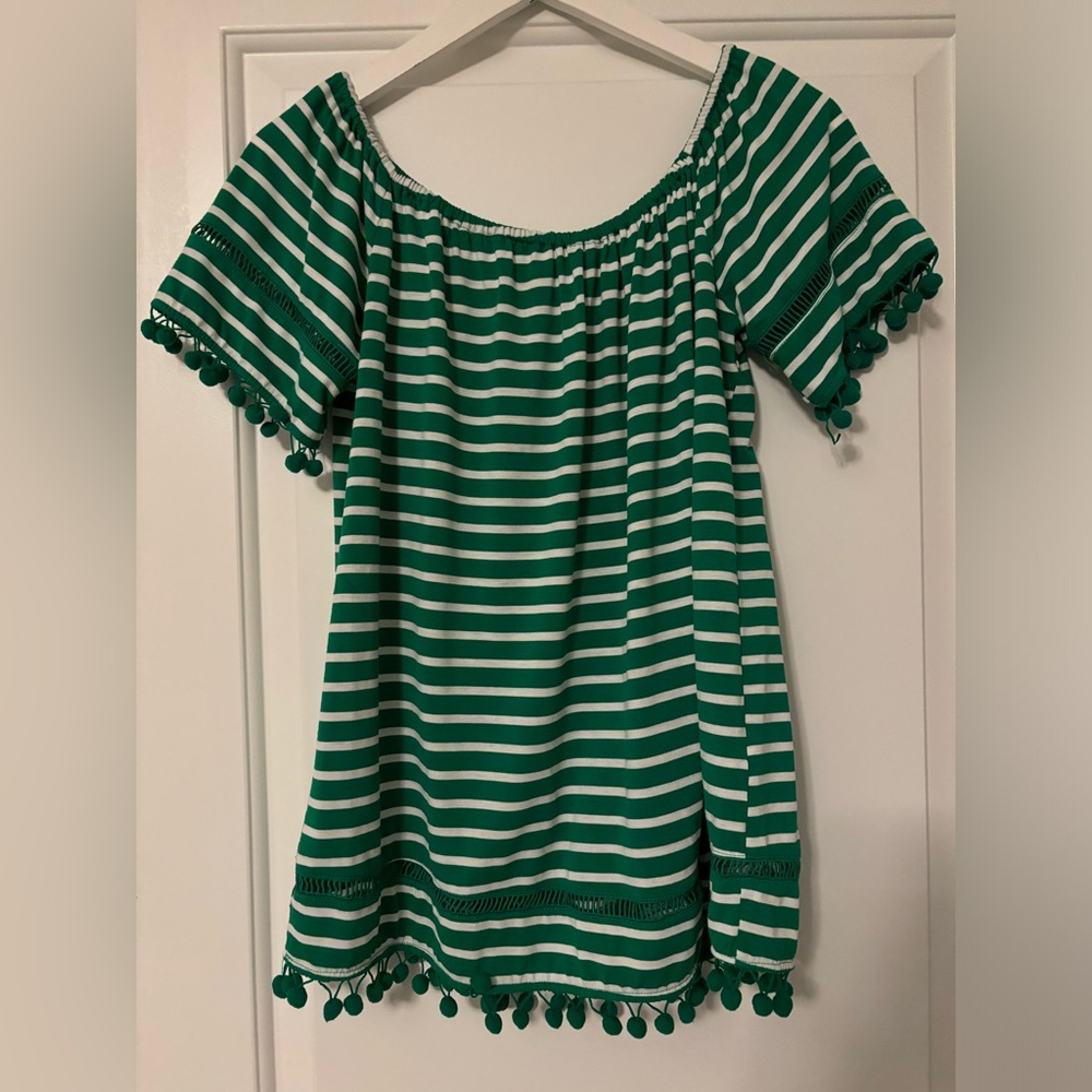 Green and white flowy top with Pom Pom tassels
